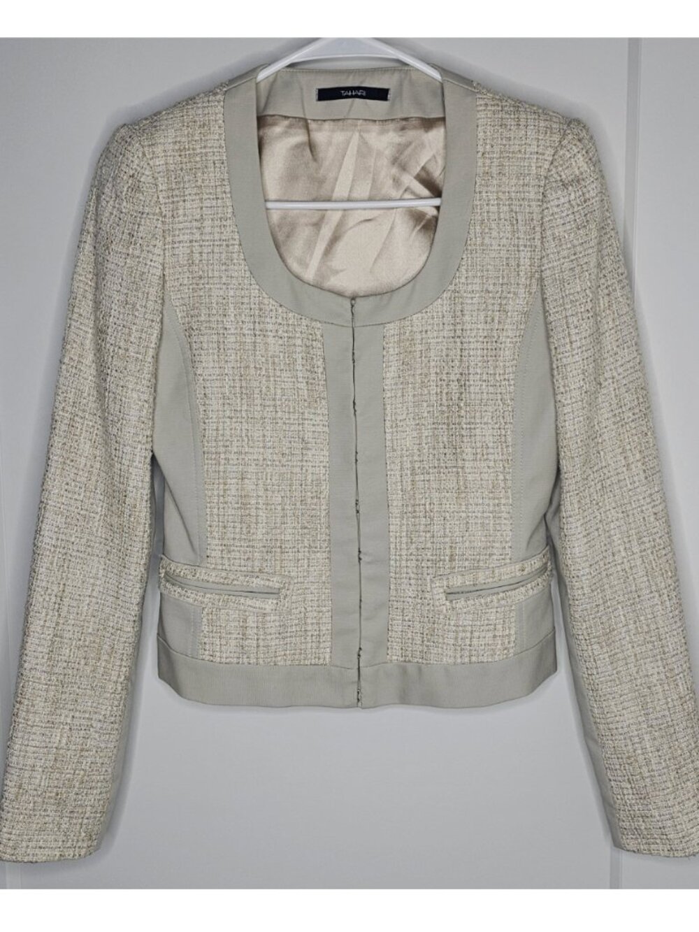 Tahari Tweed Jacket 0 Cream Crop Blazer Office Work Spring Winter
